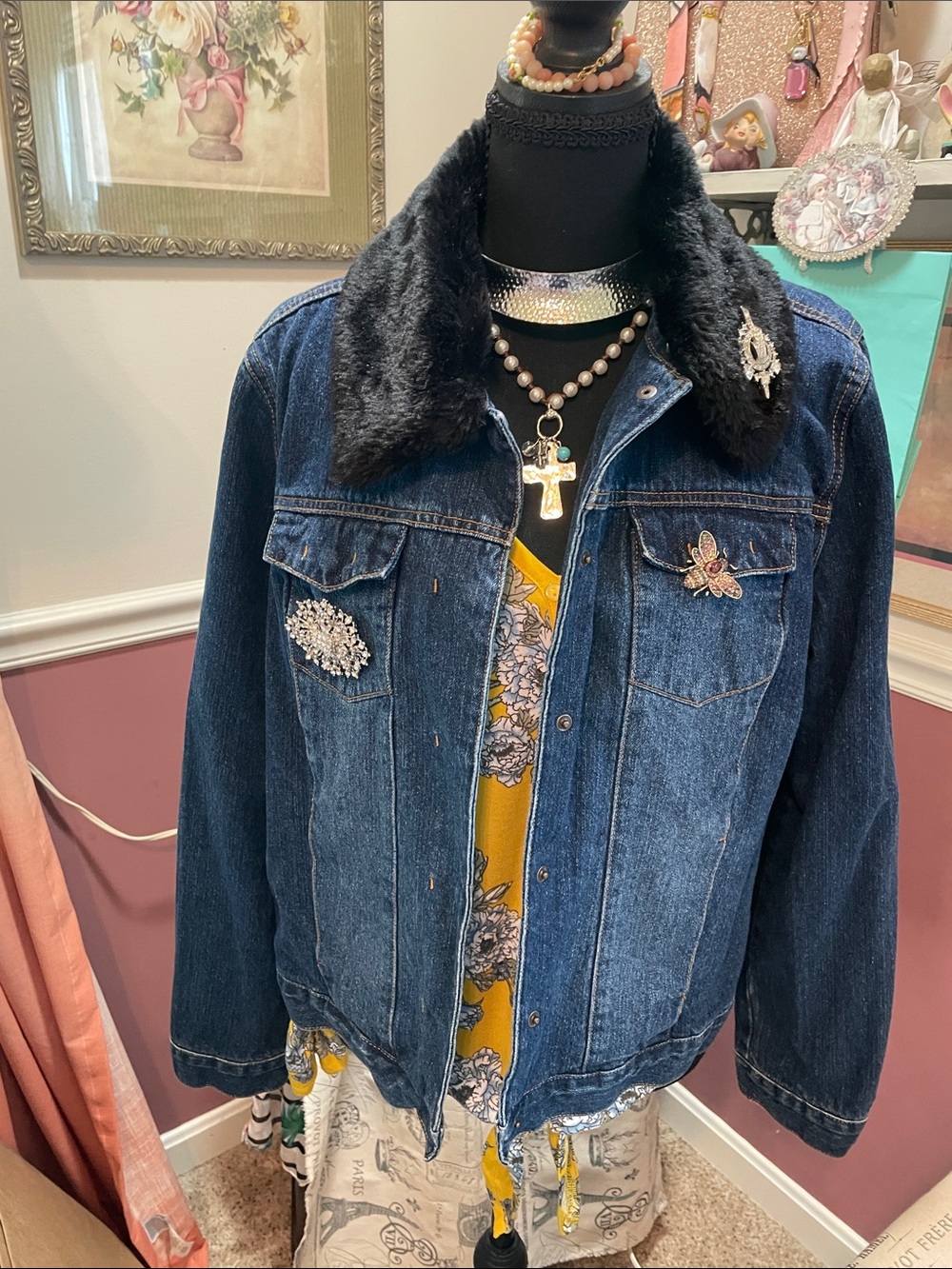 Dark Blue Denim Jacket with Black Faux Fur Collar - Liz Claiborne - Picture 1 of 16
